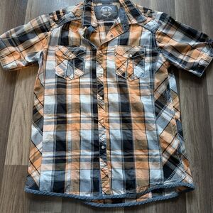 BKE Men’s Orange, Black & White Plaid Short-Sleeve Button-Down Shirt